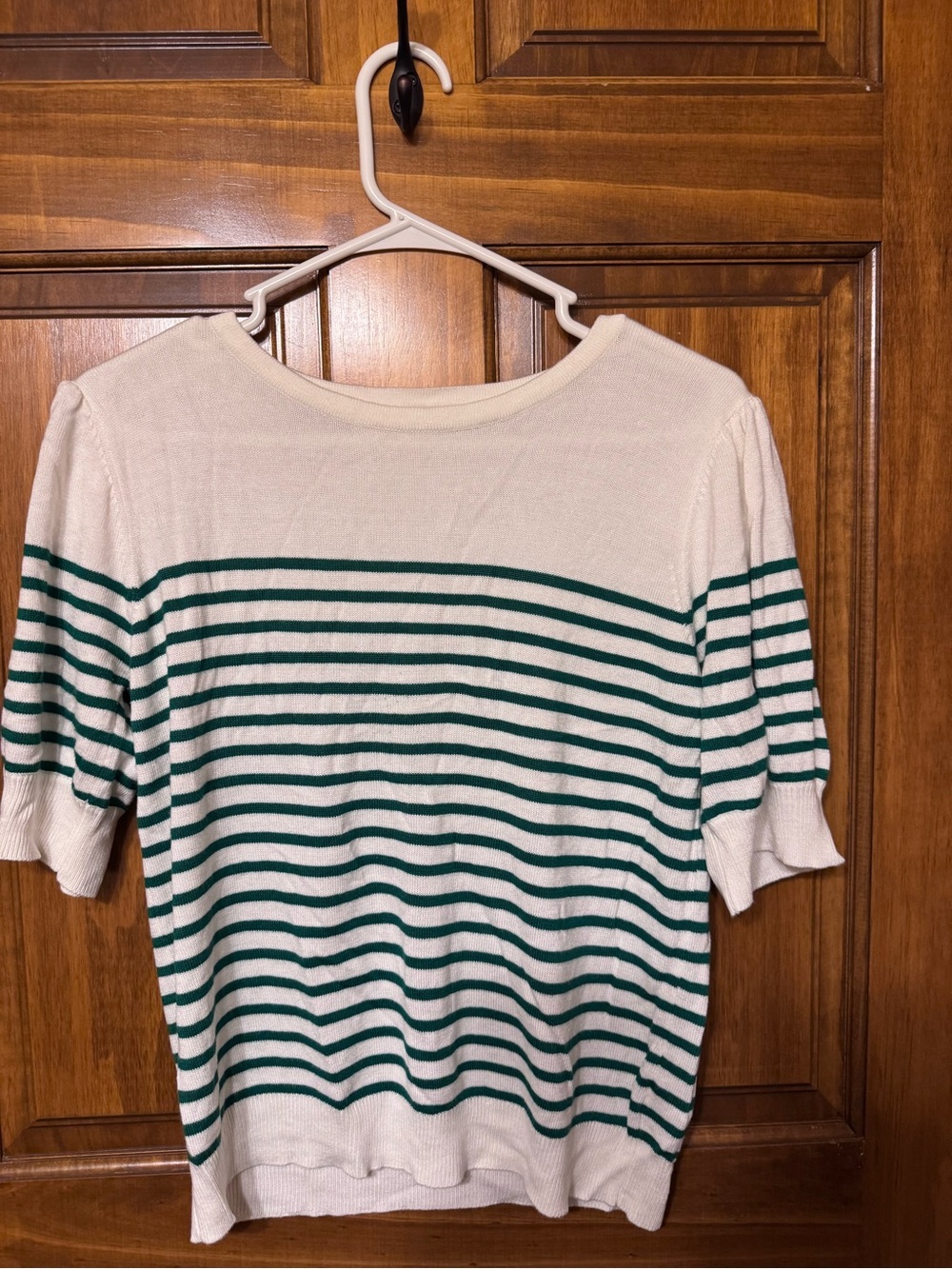 Skies Are Blue Cream Short Sleeve Top with Green Stripes
